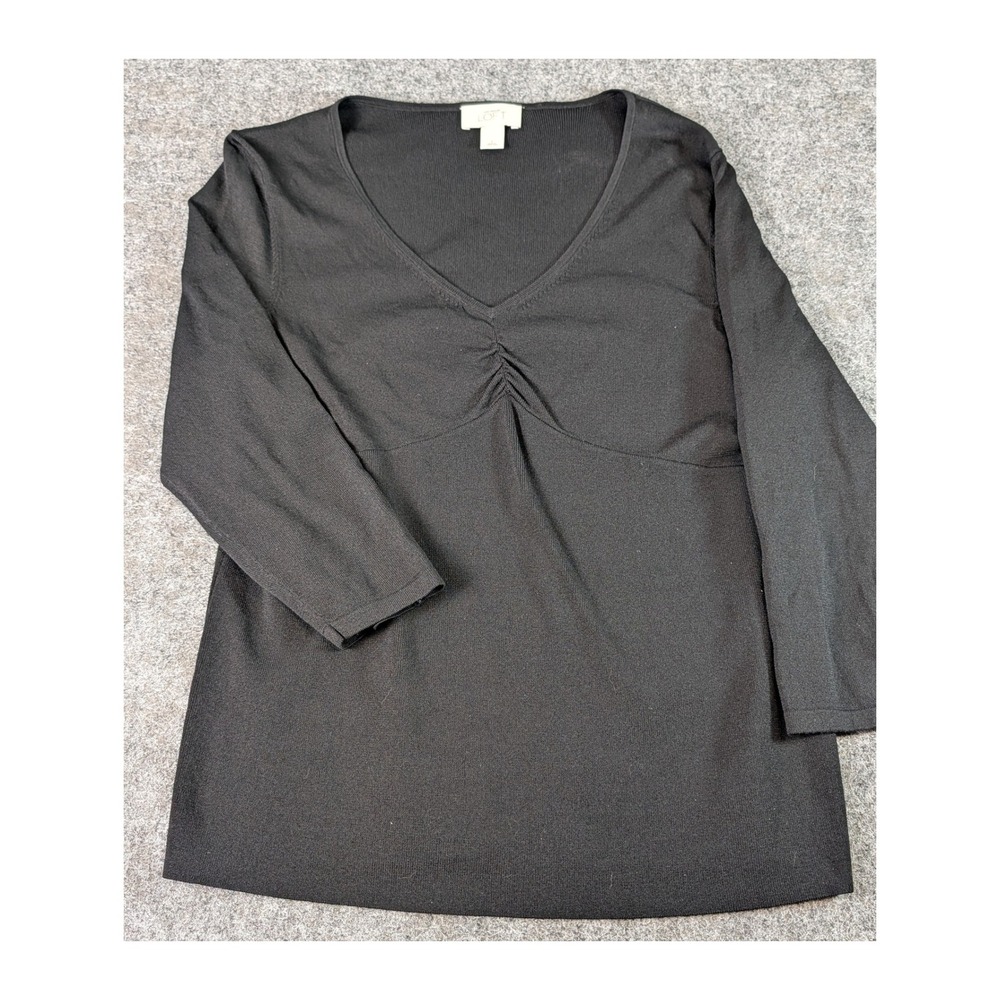 Ann Taylor LOFT Womens Black Ribbed V-Neck Ruched Bust 3/4 Sleeve Top Large EUC